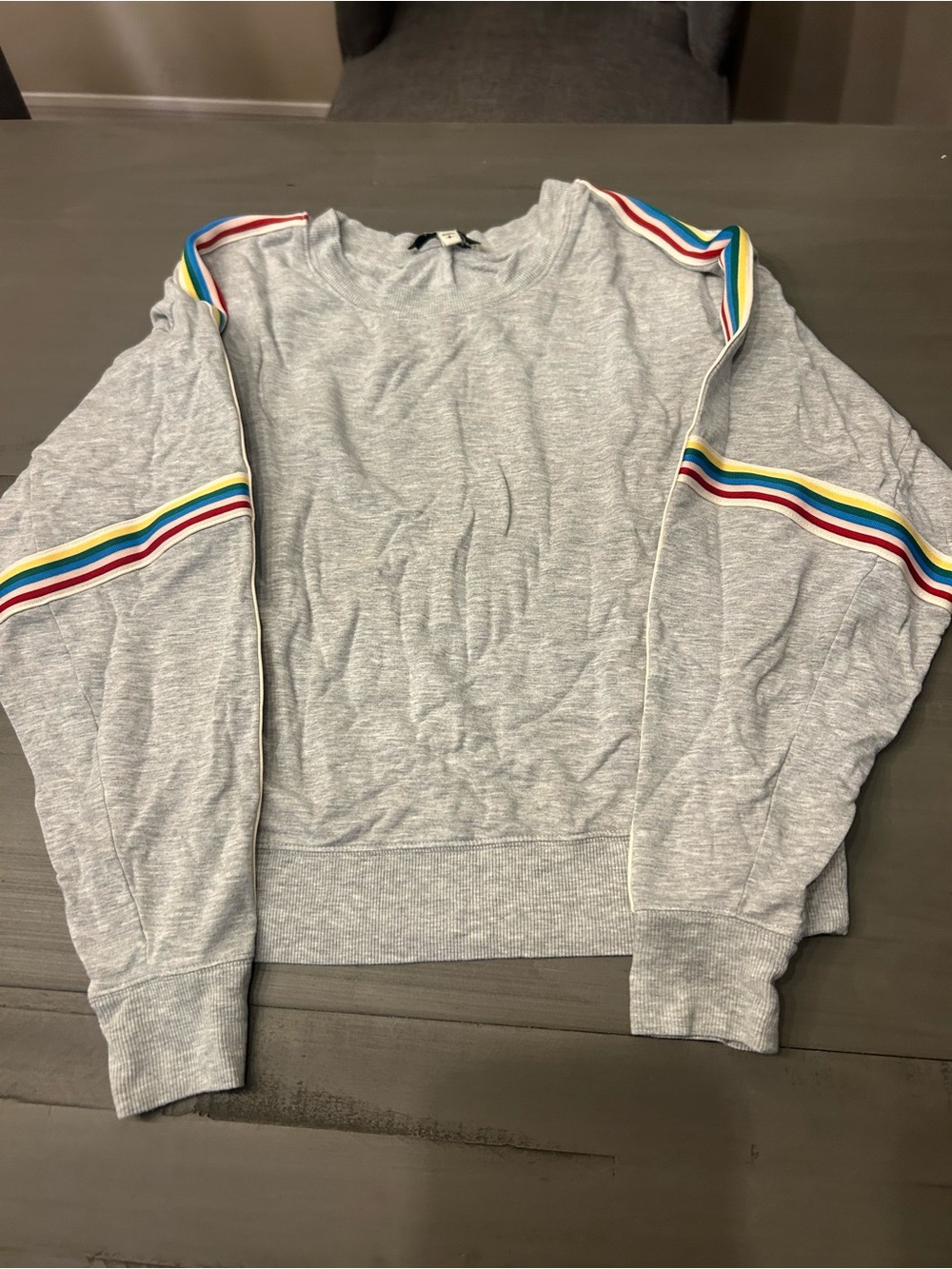 Express Gray Crewneck Sweater with Rainbow Stripe Sleeves